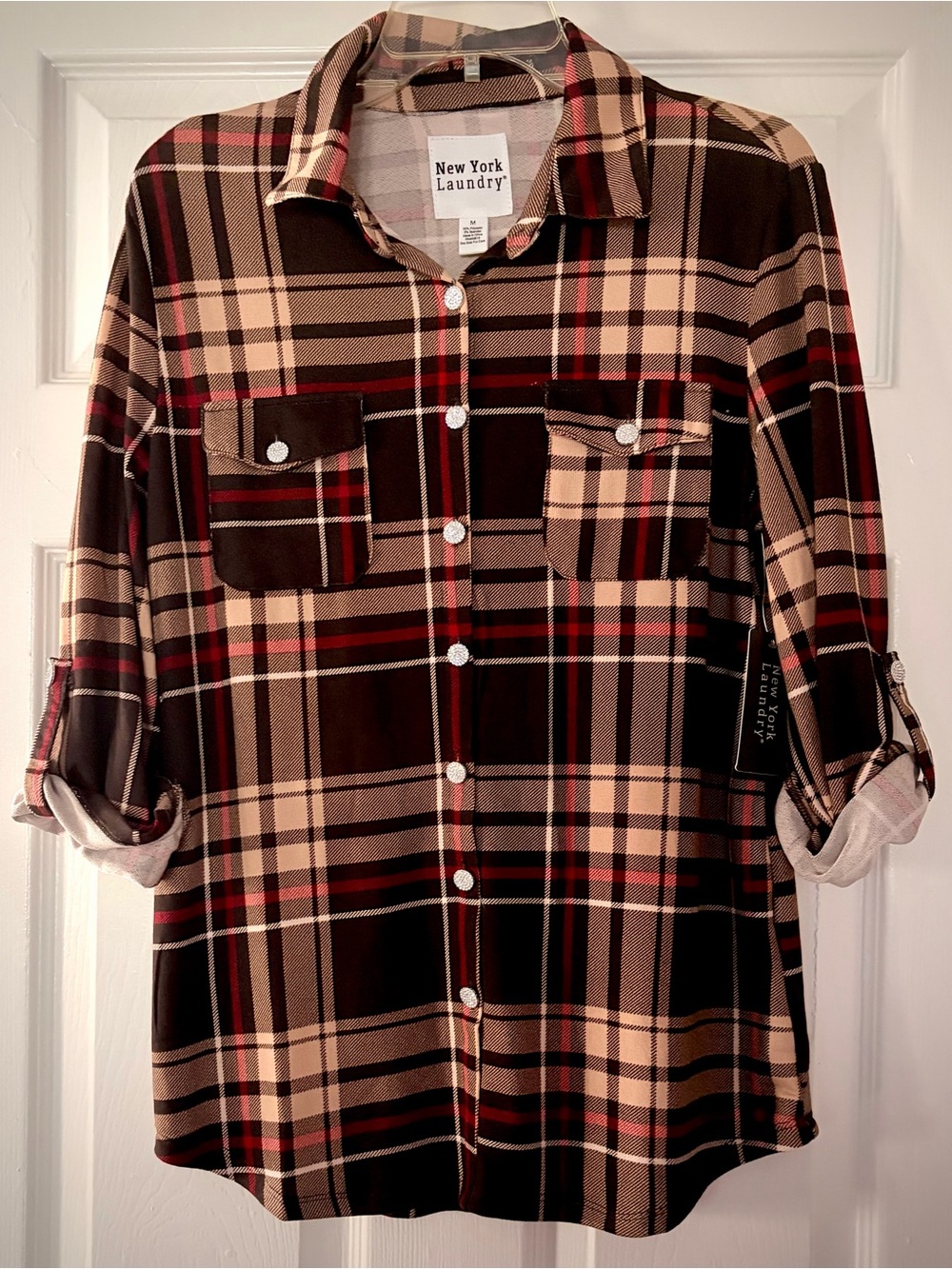 New York Laundry Plaid Button-Down Shirt in Brown, Tan & Red